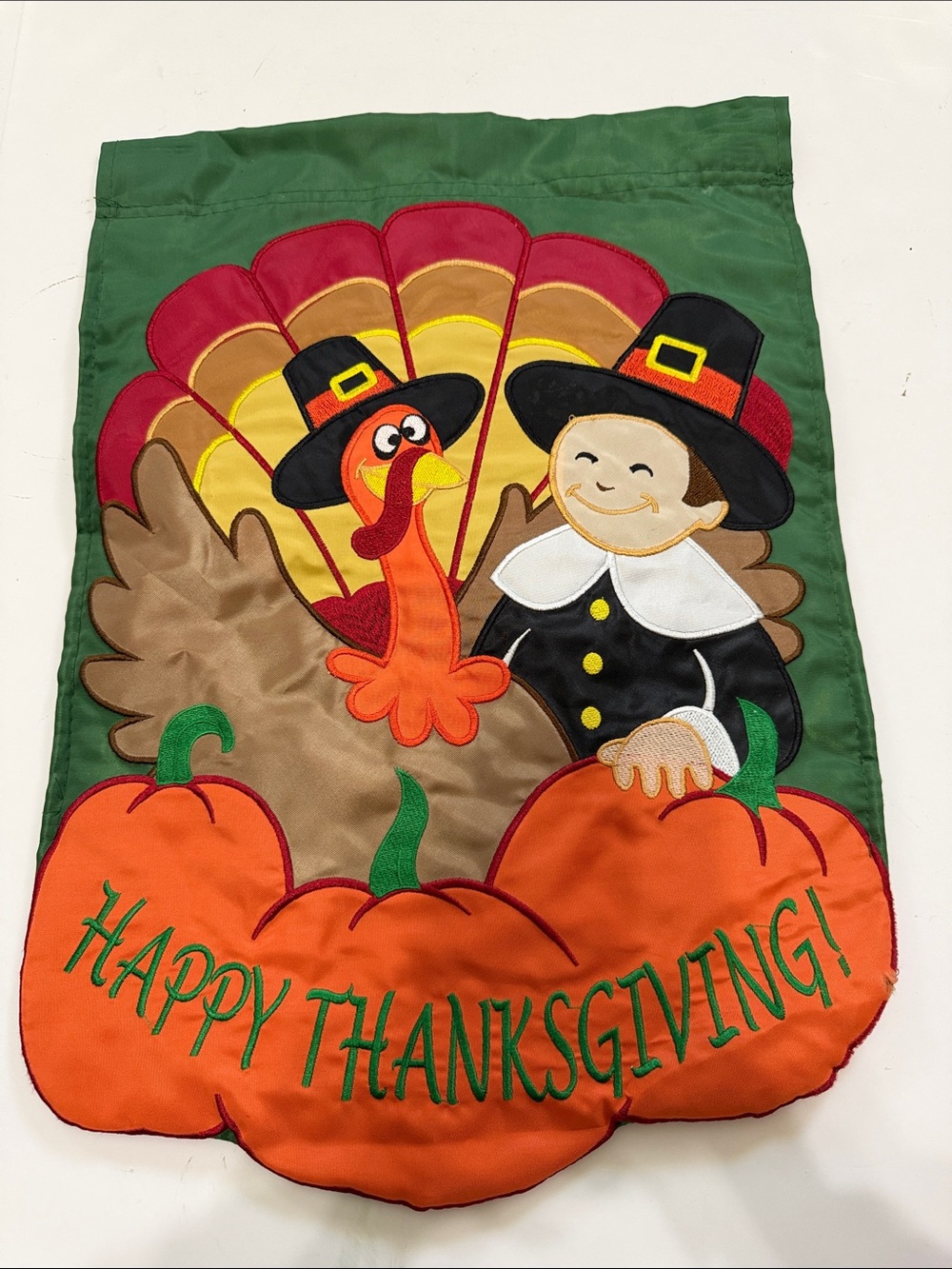 Happy Thanksgiving Garden Flag - Green Background with Orange Pumpkins